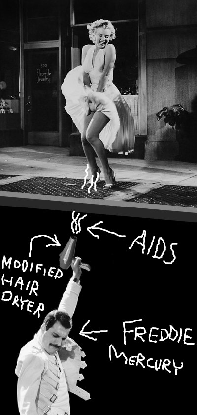 Freddie Mercury blows AIDS into Marilyn Monroe's fanny with his specially modified hairdryer