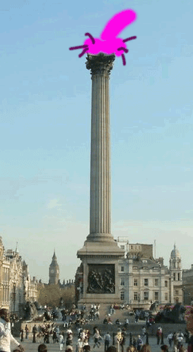 The column was built between 1840 and 1843 to commemorate Admiral Horatio Nelson's death at the Battle of Trafalgar in 1805. The 5.5 m (18 ft) statue of Nelson stands on top of a 46 m (151 ft) granite column. The statue faces south, towards the Palace of Westminster and along Pall Mall, where his ships are represented on the top of each flagpole. The top of the Corinthian column (based on one from the Temple of Mars Ultor in Rome) is decorated with bronze acanthus leaves cast from British cannons. The square pedestal is decorated with four bronze panels, cast from captured French guns, depicting Nelson's four great victories.<br><br>The monument was designed by architect William Railton in 1838, and built by the firm Peto & Grissell. Railton's original 1:22-scale stone model is exhibited at the National Maritime Museum in Greenwich, London. The sandstone statue at the top was sculpted by E.H. Baily, a member of the Royal Academy; a small bronze plaque crediting him is at the base of the statue. The four bronze panels around the pedestal were undertaken by the sculptors Musgrave Watson, John Ternouth, William F Woodington, and John Edward Carew. The entire monument was built at a cost of 47,500 pounds, or 3.5 million pounds in 2004 terms (roughly $6.1 million US).